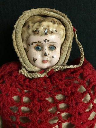 Antique 1910 Cloth Stuffed Doll with Porcelain Head,  Hand Knit Clothing 3