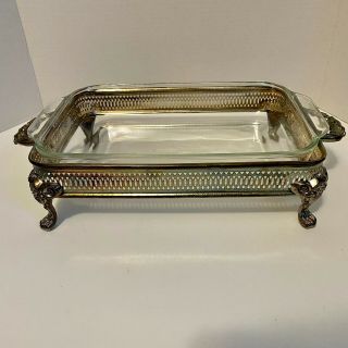 Vintage Pyrex (?) Glass Casserole Dish W/ Silver Plated Chafing Holder,  Claw Foot
