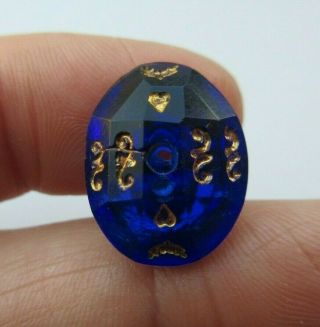 Gorgeous Antique Vtg Victorian Cobalt Blue Glass Whistle Button Gold Luster (c)
