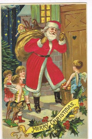 Antique Embossed Christmas Postcard Santa Claus,  Pink Silk Suit,  Cherubs
