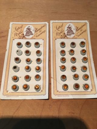 36 Antique Diminutive Buttons - 1/4” Satin Glass W/ Amber Rhinestones On Cards