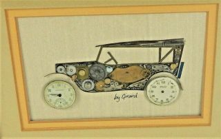 Vintage Girard Matted Framed Picture Automobile Made Of Old Antique Watch Parts