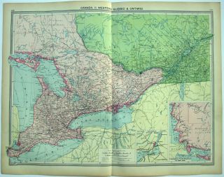 Large 1926 Map Of W Quebec & Ontario Canada By George Philip.  Vintage