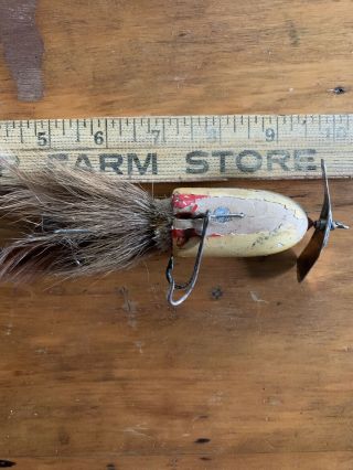 unbranded antique wooden fishing lure w animal hair and bird feathers 2