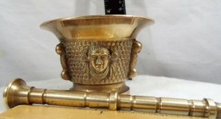 Vintage Brass Mortar And Pestle With Tribal Faces