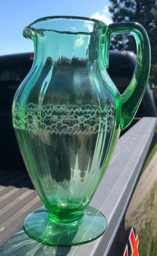 Rare Fostoria Eilene Green Etched Depression Glass 10 1/2 " Footed Pitcher