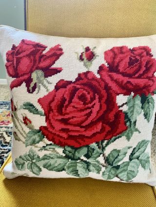 Vintage Needlepoint Cross - Stitch Rose Bouquet Floral Pillow Embroidery Velvet