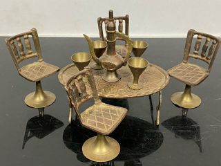 Vintage Brass Miniature Doll House Table & Chairs Kitchen Dining Room Set