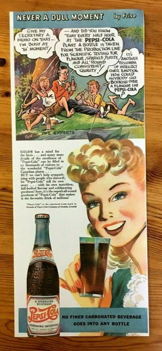Rare 1943 Canadian Canada Ad Pepsi Cola Soda Bottle Jimmy Frise Art Boys Fishing