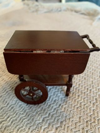 Vintage Dollhouse Miniature 1:12 Wood Tea Bar Cart Furniture Drop Leaf Wheels 3