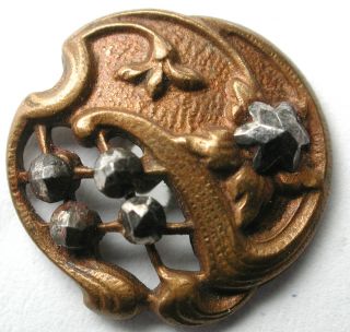 Antique Pierced Brass Button Art Nouveau Flower W/ Cut Steel Accents 9/16 "
