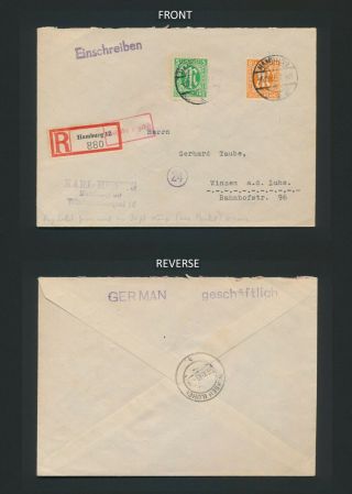 1945 Hamburg Germany Cover Rare Usage Of Reg Label As 30pf Stamp
