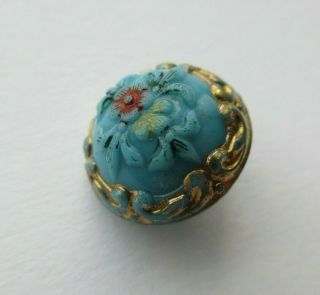 Delicate Small Antique Vtg Turquoise Glass Button W/ Enamel Flowers 1/2 " (m)