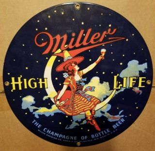 Rare Miller High Life Sign Porcelain Enamel Girl In The Moon Runkel / American