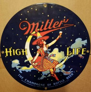 RARE Miller High Life Sign Porcelain Enamel Girl in the Moon Runkel / American 2