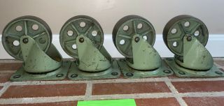 4 Rare Green Vintage Industrial Metal Cast Iron Noelting Caster Wheels 6.  5”
