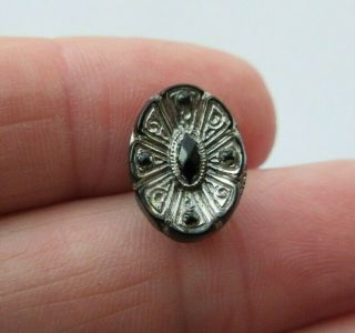 Gorgeous Small Antique Vtg Victorian Black Glass Button Silver Luster 1/2 " (u)