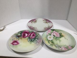 3 Antique Hand Painted Roses Bavaria & Lefton China Plates 8 1/2” - 9”