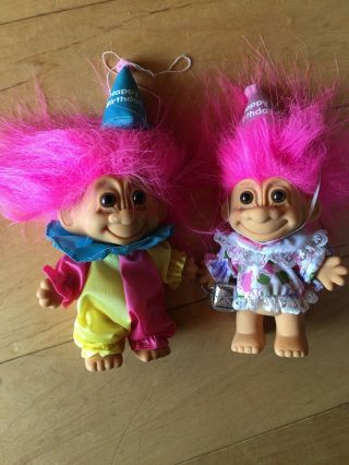 2 Vintage Russ Troll Birthday Dolls Pink Hair Clown Gift Boy And Girl 4 - 1/2”