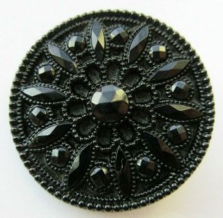 Dazzling Large Antique Vtg Victorian Black Glass Button Faceted Design (z)