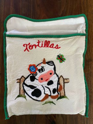 Vintage Tortilla Warmer Cloth Bag Cow Embroidered