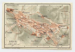 1927 Vintage City Map Of Assisi / Saint Francis Perugia Umbria Italy