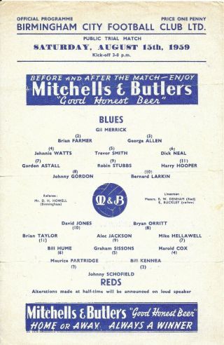 1959/60 Birmingham City Public Practice Match " Blues " V " Reds " S/s Very Rare