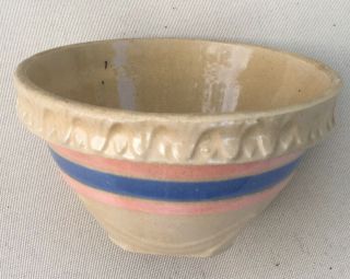 Antique Yellow Ware Small Pottery Bowl - Blue/pink Bands - Pie Crust Edge 5 1/4”