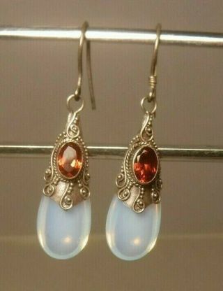 Vintage Sterling Silver Red Faceted Garnet Moonstone Dangle Earrings