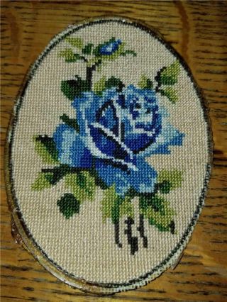 Antique Vintage 4x3 Finished Petit Point Needlepoint Oval Blue Rose Green Leaves