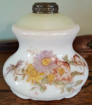 Antique Victorian Hand Painted Floral Milk Glass Oil Lamp Font With Brass Collar