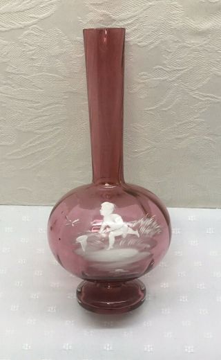 Antique Mary Gregory Cranberry Glass Vase - Enameled Boy W/butterfly,  8” Height