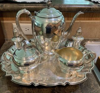 Silver Plated Tea Pot Creamer And Sugar Set With Salt Pepper Shakers