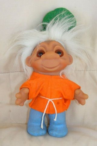 Vintage Troll Doll,  8 ",  1980 Dam,  Orange/blue/green,  White Hair,  Denmark