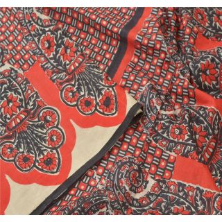Sanskriti Vintage Red Saree 100 Pure Silk Printed Sari Decor 5 Yd Craft Fabric