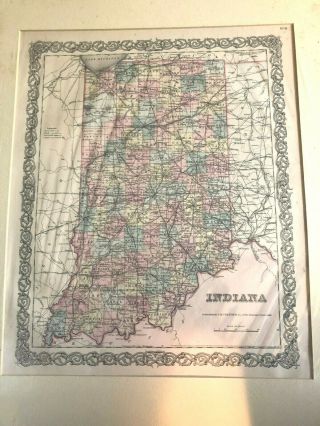 Antique 1855 Indiana State Map,  Hand - Colored From Colton 