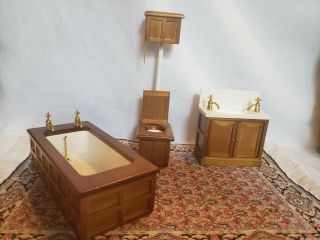Dollhouse Miniature 1:12 Vintage Wood Victorian Bathroom Set