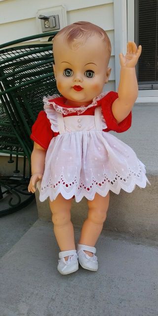 Vintage 1950s - 60s Drink And Wet 19 " Baby Doll With Molded Hair & Blue Sleep Eyes