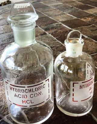 Vintage Pyrex Chemist Hydrochloric Acid Hcl Bottles W/ruby Letters