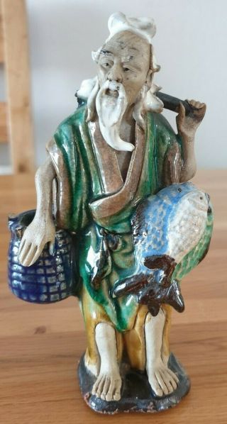 Antique Chinese Shekwan Mudman Figure Of A Fisherman With His Basket And Catch