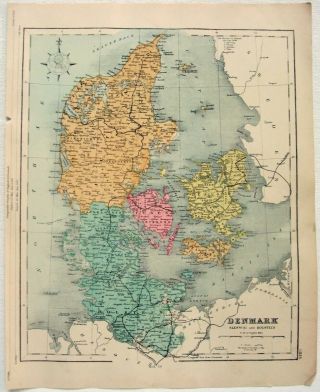 1878 Map Of Denmark & Schleswig Holstein By William Hughes.  Antique