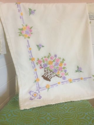 Pretty Vintage 1950s Tablecloth White Cotton Colourful Embroidered Flowers 32”