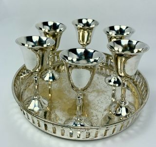 Vintage Mini Wine Goblet Set Of 6 Silver Plate W Etched Tray - Made In India