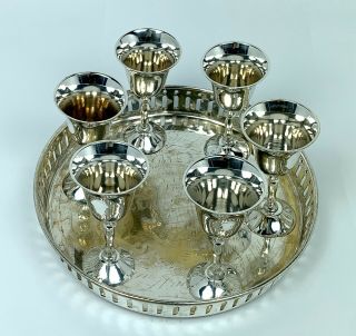 Vintage Mini Wine Goblet Set Of 6 Silver plate W Etched tray - Made In India 2