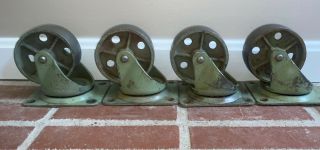4 Rare Green Vintage Industrial Metal Cast Iron Noelting Caster Wheels 5”