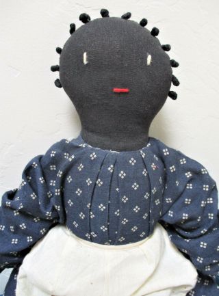 Vintage Black Cloth Rag Doll Girl 14.  5 " Folk Art Blue Calico Dress