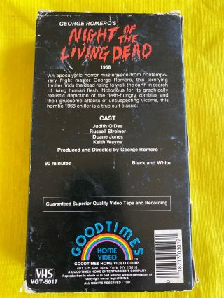 Night of the Living Dead Romero horror VHS GOODTIMES home Video Very RARE notld 2