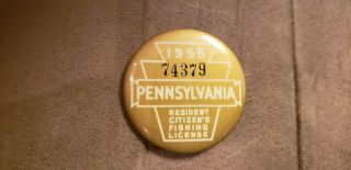 Vintage Pennsylvania Resident Citizen Fishing License Badge Button 1955