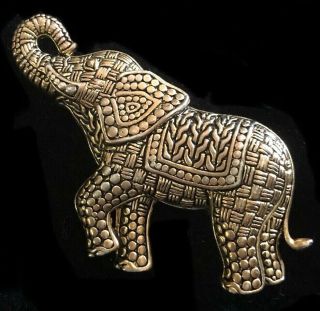 Vintage Antiqued Brass Tone Inlaid Design Elephant Pin Brooch Broach