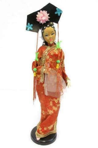 Vintage Chinese 16 " Geisha Doll Wearing Red Kimono Cherry Blossom W/ Wood Stand